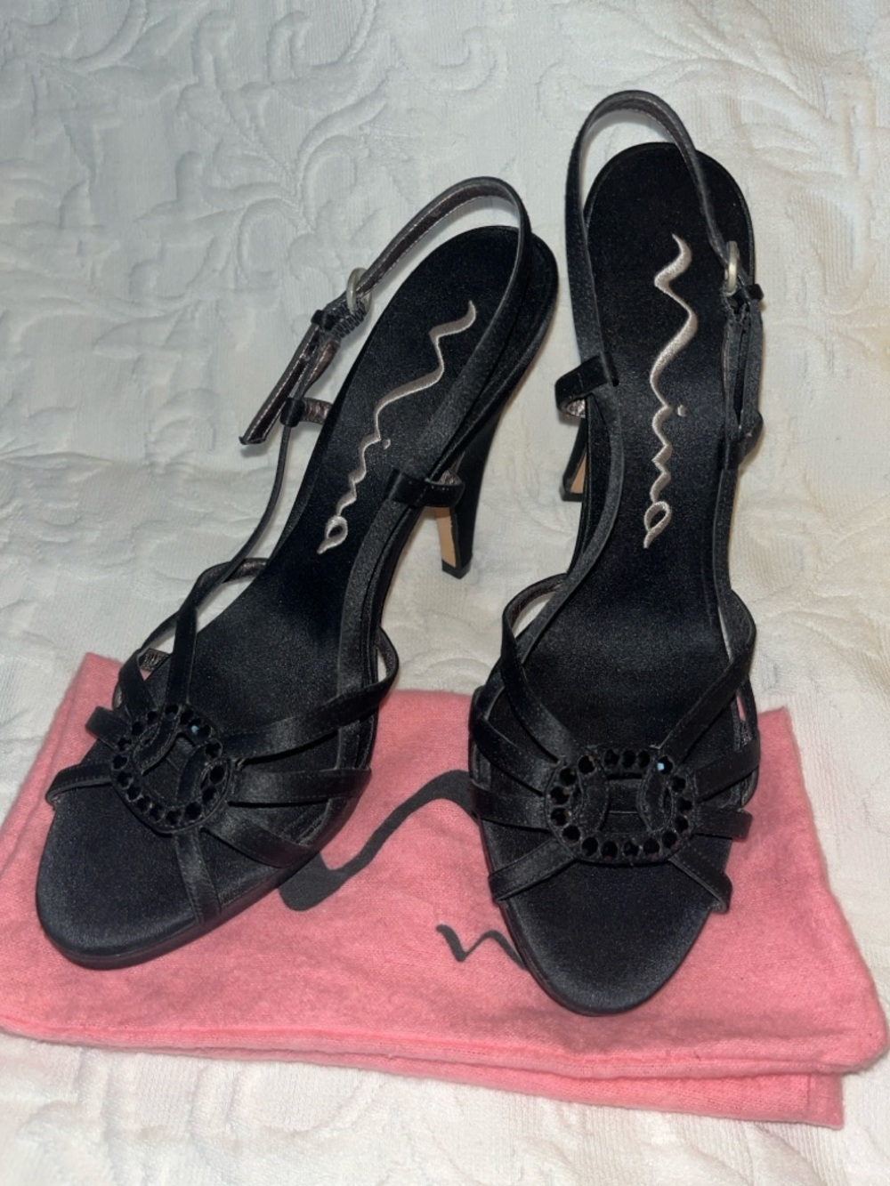 Nina Shoes Black Satin Heels with Decorative Gem Accent